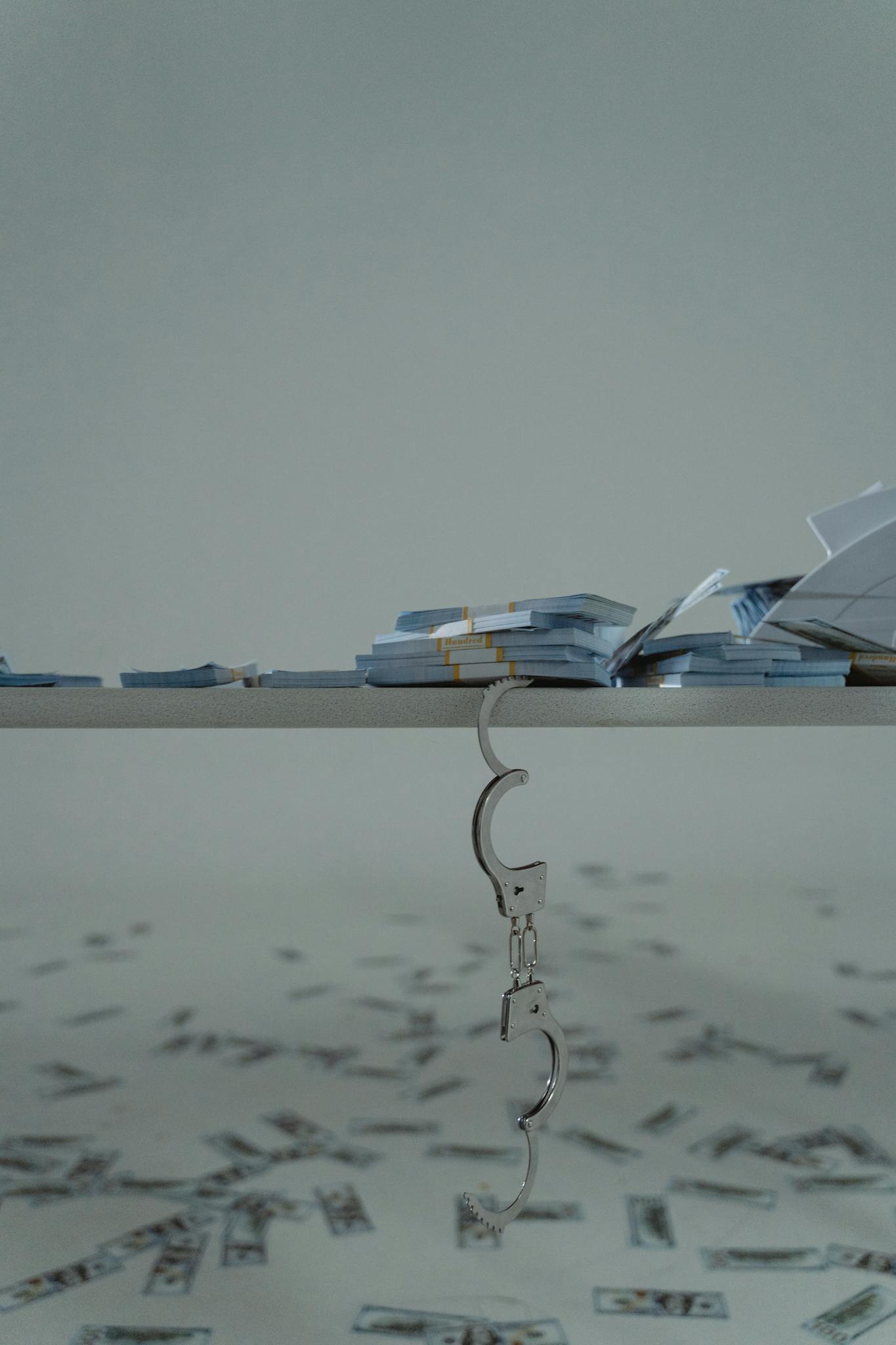 Bundled cash on table with handcuffs symbolizes financial crime.